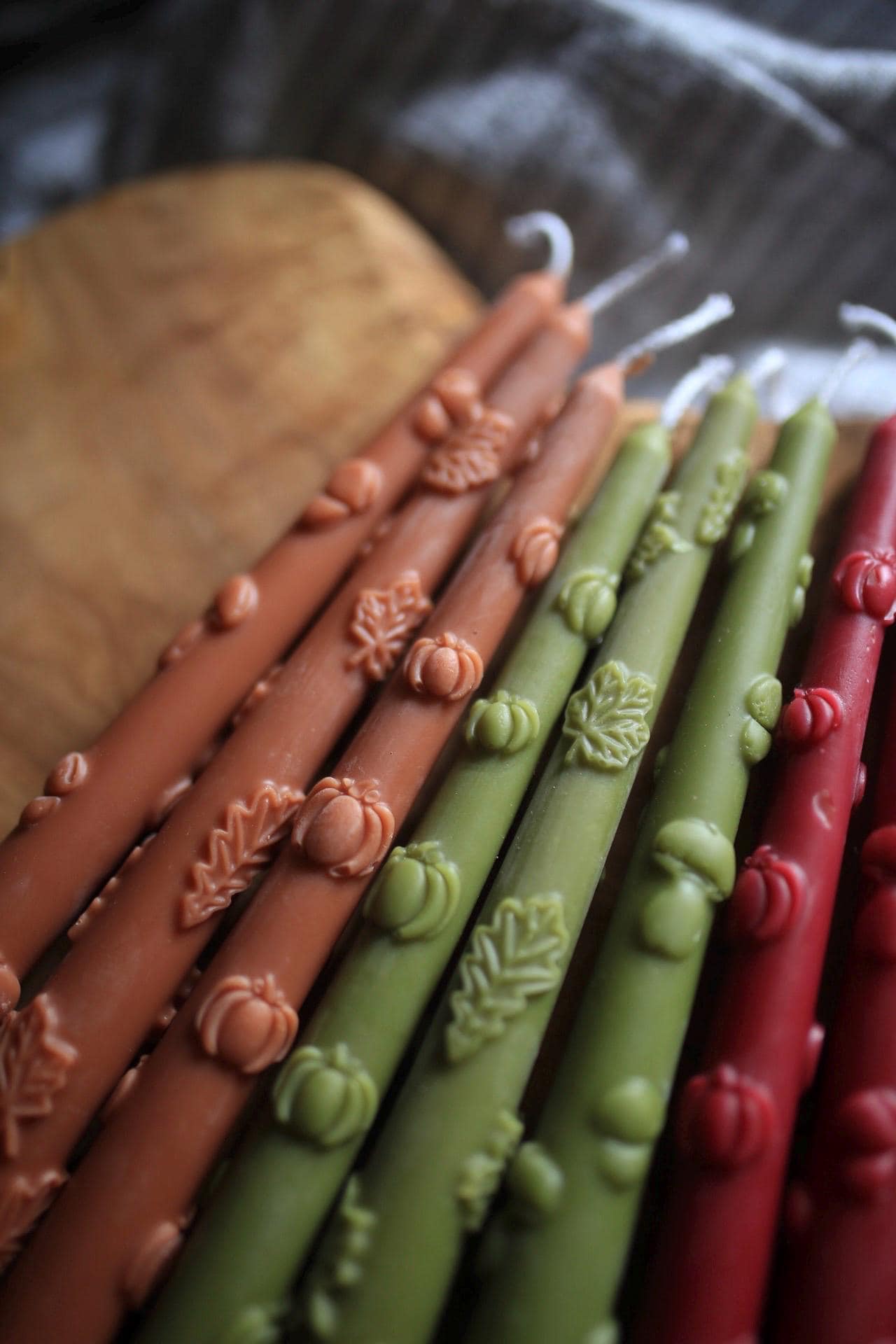 Beeswax taper candles, autumn pattern