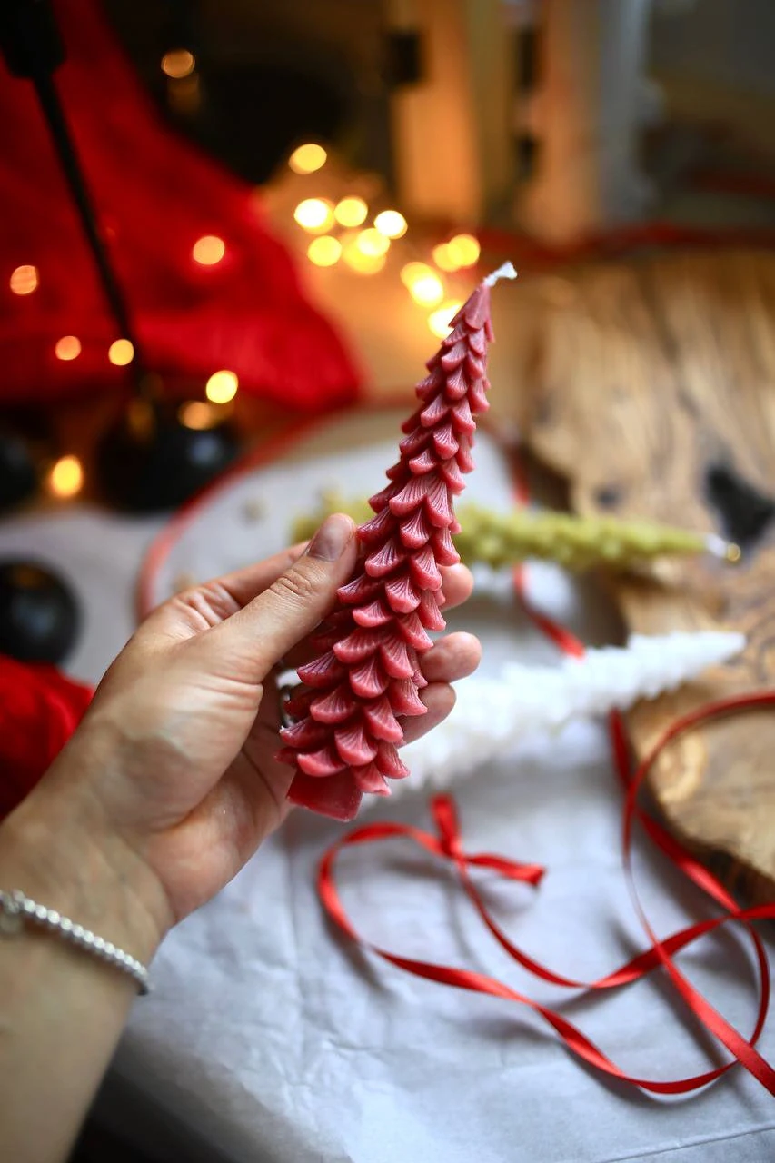 Set of 3 Christmas Tree Beeswax Taper Candle 7
