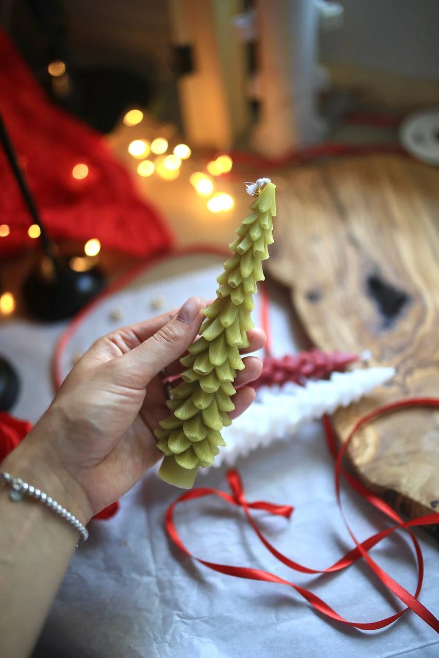 Set of 3 Christmas Tree Beeswax Taper Candle 6